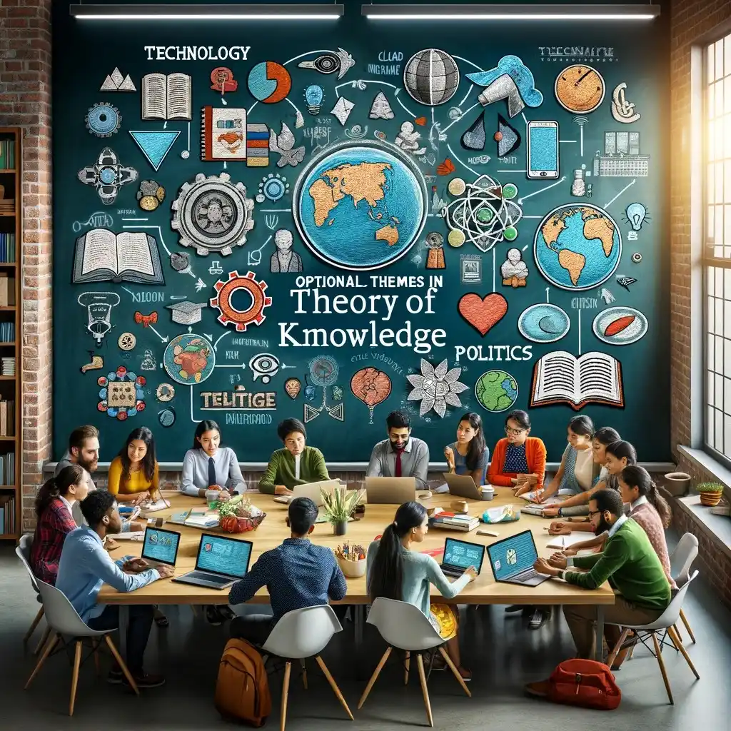 A diverse group of students are engaged in a vibrant discussion around a table in a modern classroom setting, illuminated by natural light streaming in through the windows. The words "Optional Themes in Theory of Knowledge" are prominently displayed at the center of the board, symbolizing the central theme of the image, which exudes a sense of collaboration, diversity, and intellectual curiosity.