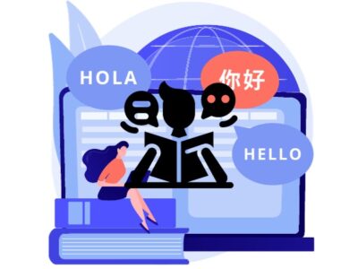 An illustration depicts knowledge and language as the optional theme-a central figure of a person reading a book, with speech bubbles in different languages around them saying "Hello" in English, "Hola" in Spanish, and in Chinese characters.