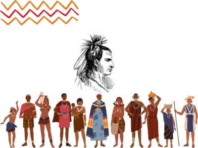 An illustration featuring a diverse array of figures in traditional attire from various cultures and periods, effectively depicting knowledge and indigenous societies