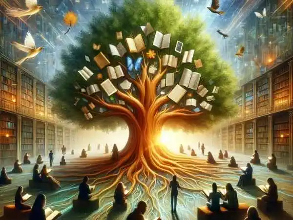 An artistic depiction of the fusion of knowledge and its seekers. It showcases a majestic tree representing wisdom, with its branches adorned with book pages for leaves. Surrounding the tree, a varied group of individuals from diverse backgrounds engage in reading, symbolizing the pursuit of knowledge.