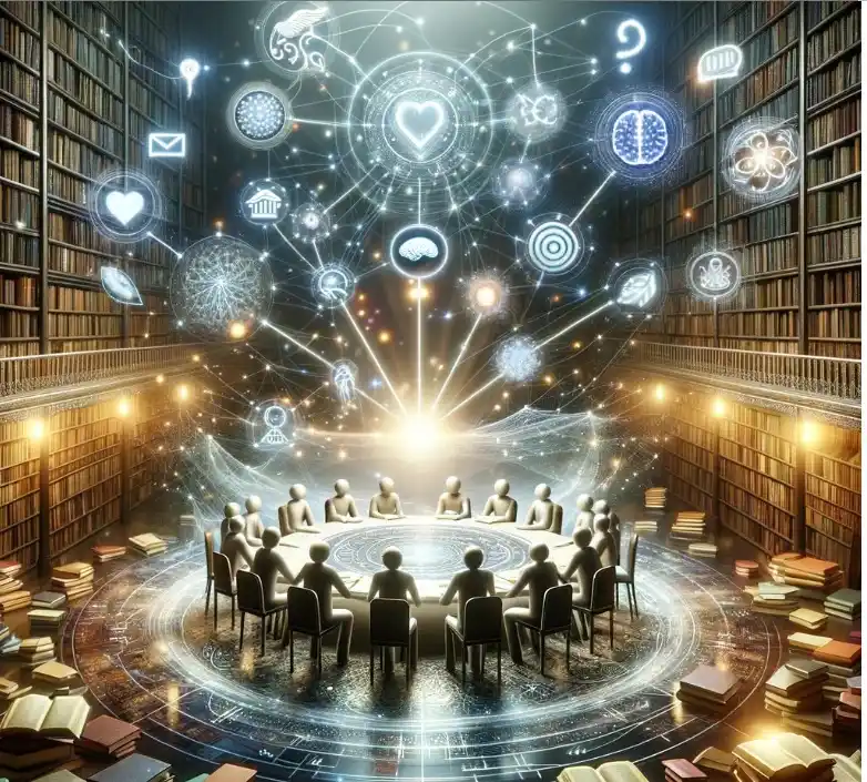 The image that visualizes the diverse perspectives on the Theory of Knowledge. It features a symbolic representation of discussion and interconnectedness within the realm of knowledge, set against the backdrop of an infinite library. This artwork aims to inspire contemplation about the essence and diversity of understanding in the Theory of Knowledge.