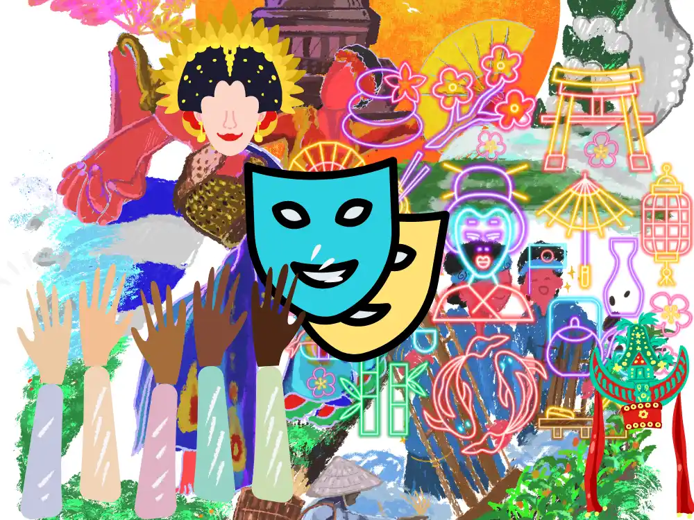 This image is a vibrant and colorful collage representing various aspects of global cultures. It features a central theater mask symbolizing the arts, surrounded by raised hands of different skin tones, suggesting unity and diversity. Cultural icons such as a geisha, a torii gate, lanterns, fans, masks, and traditional pottery are scattered throughout, indicating a celebration of cultural artifacts and practices. Flashes of bright colors and neon signs add a contemporary feel, hinting at the fusion of traditional and modern influences. This collage celebrates the richness of cultural expression and the shared human experience across diverse societies.