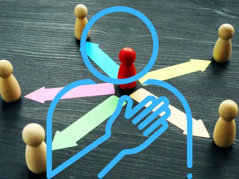 This image vividly illustrates the TOK concept of responsibility within a community or social network context. The central figure, highlighted in red, represents an individual or leader who holds a significant role or responsibility. The surrounding wooden figures in natural colors symbolize other members of the community or group. The arrows, flowing from the red figure towards the others, depict the influence or impact of this central figure's decisions and actions on the surrounding community.